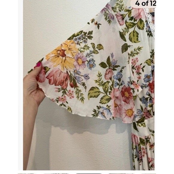 L.I.F.E. Womens Boho Cottage Fairy Floral Flutter Sleeve Cardigan Duster Hi Low - Picture 6 of 7